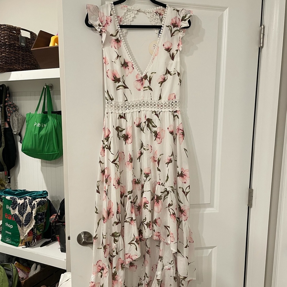 Luxxel Spring Dress with Lace & Asymmetrical Skirt